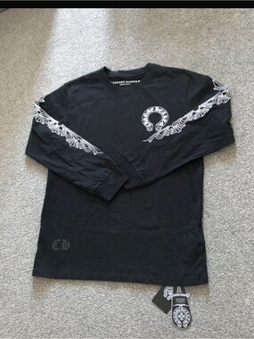 Chrome Hearts Black Long Sleeve Tee with White Sleeve and Chest Graphics